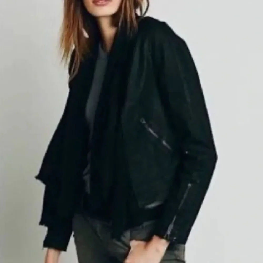NWOT Free People Front Draped Coated Denim Moto Jacket Black size 2 - Picture 14 of 14